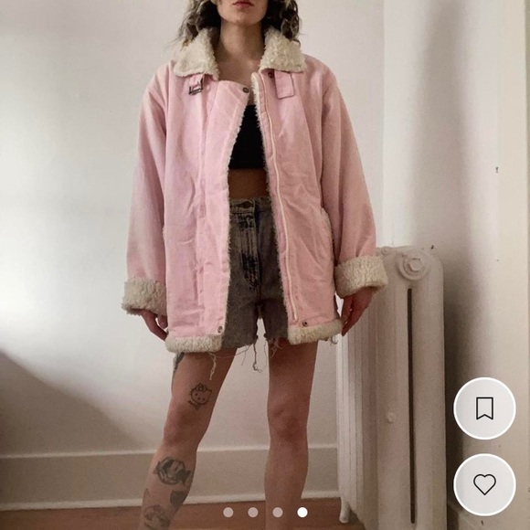 *rare* VINTAGE Hollywood Jeans Pink Denim Shearling Coat - Picture 2 of 3